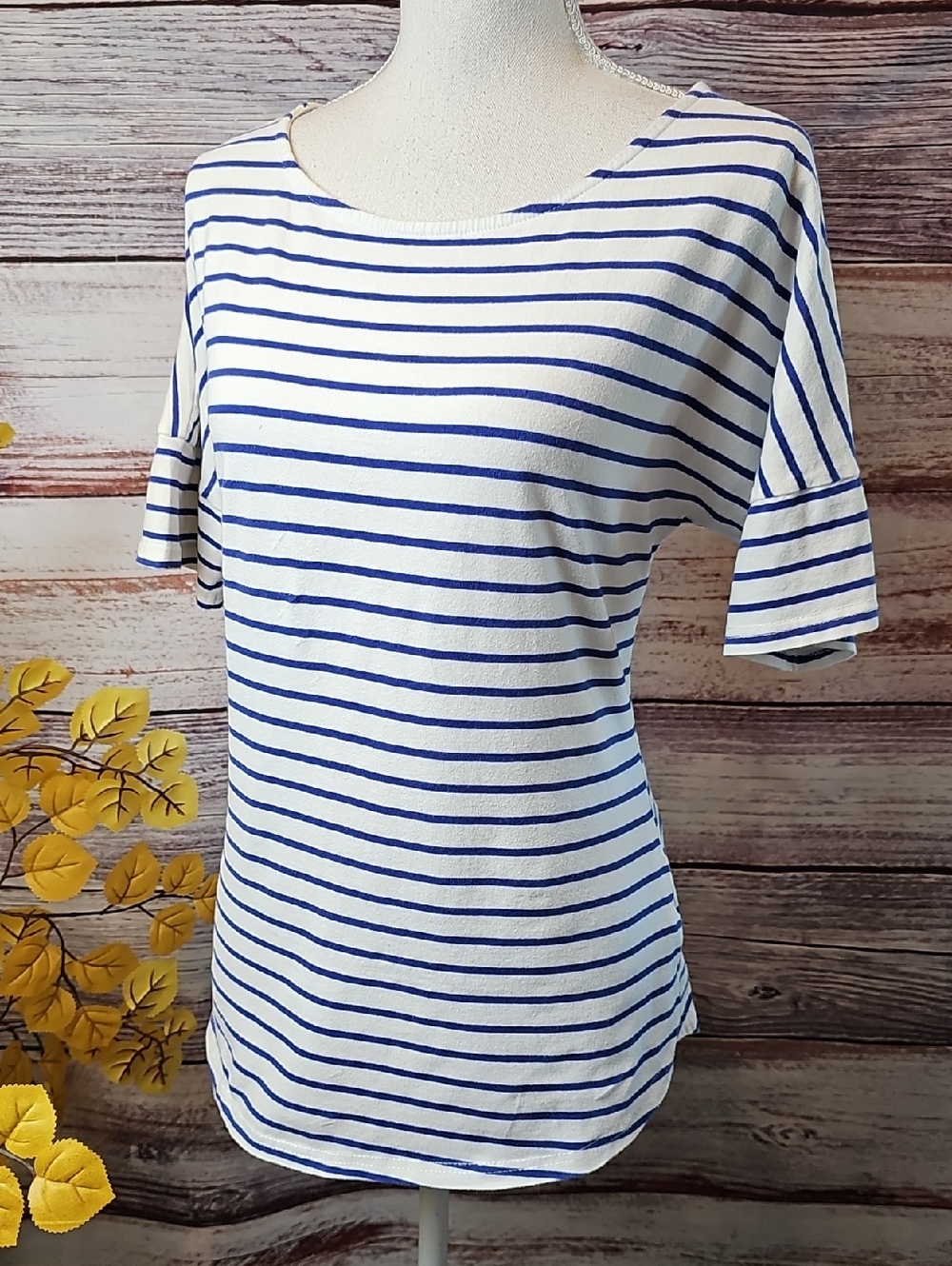 NEW POGT BLUE WHITE STRIPED BOATNECK SHORT SLEEVE PULLOVER TOP